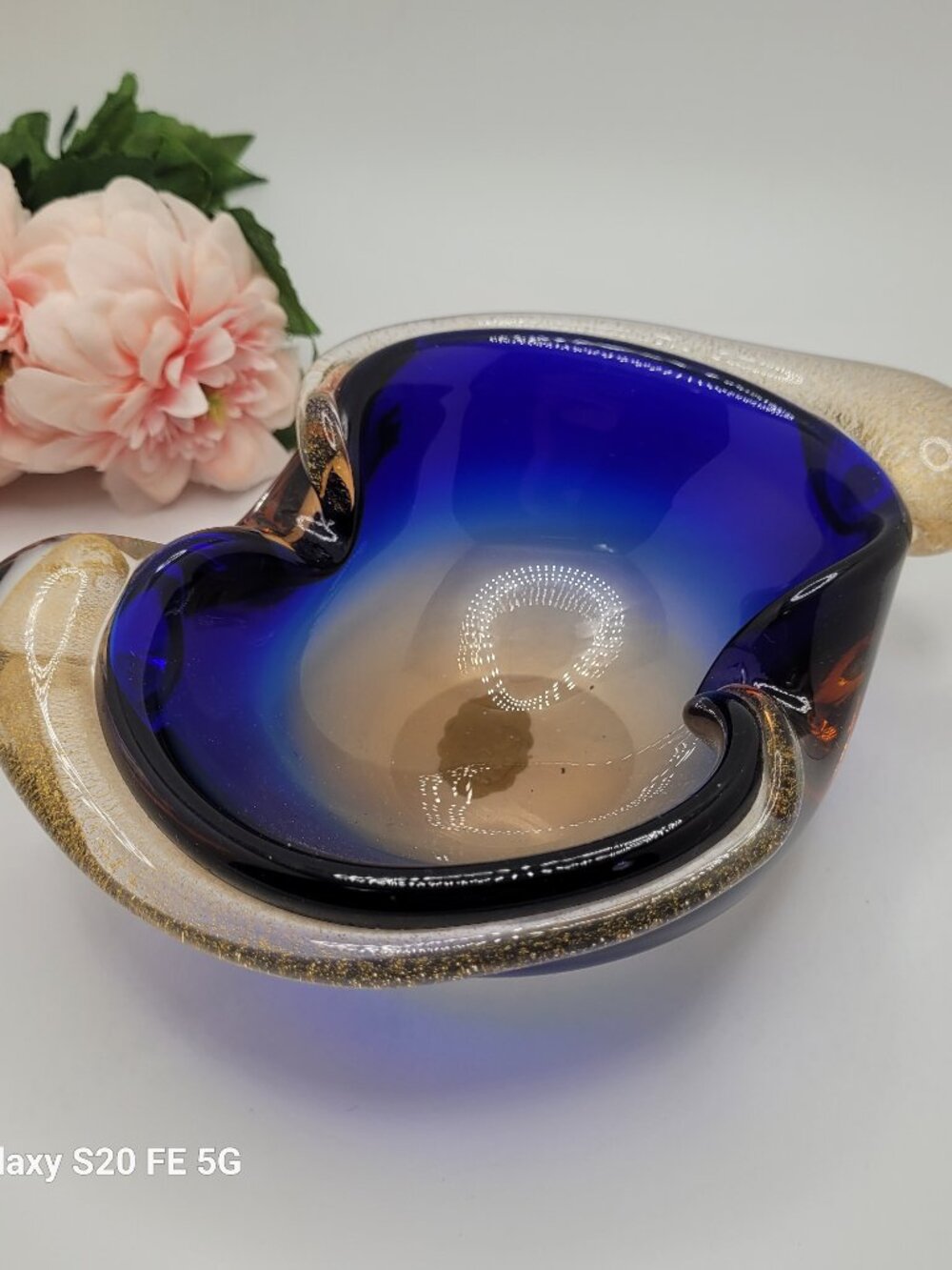 Vintage Murano Art Glass Bowl Catchall Blue Clear and Gold Italy 1970s